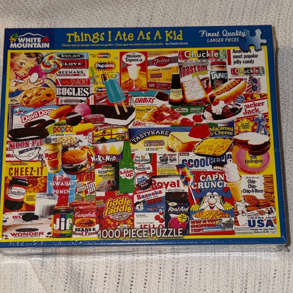 White Mountain Puzzle “Things I Ate As A Kid” Colorful Nostalgic Snacks 1000 NEW